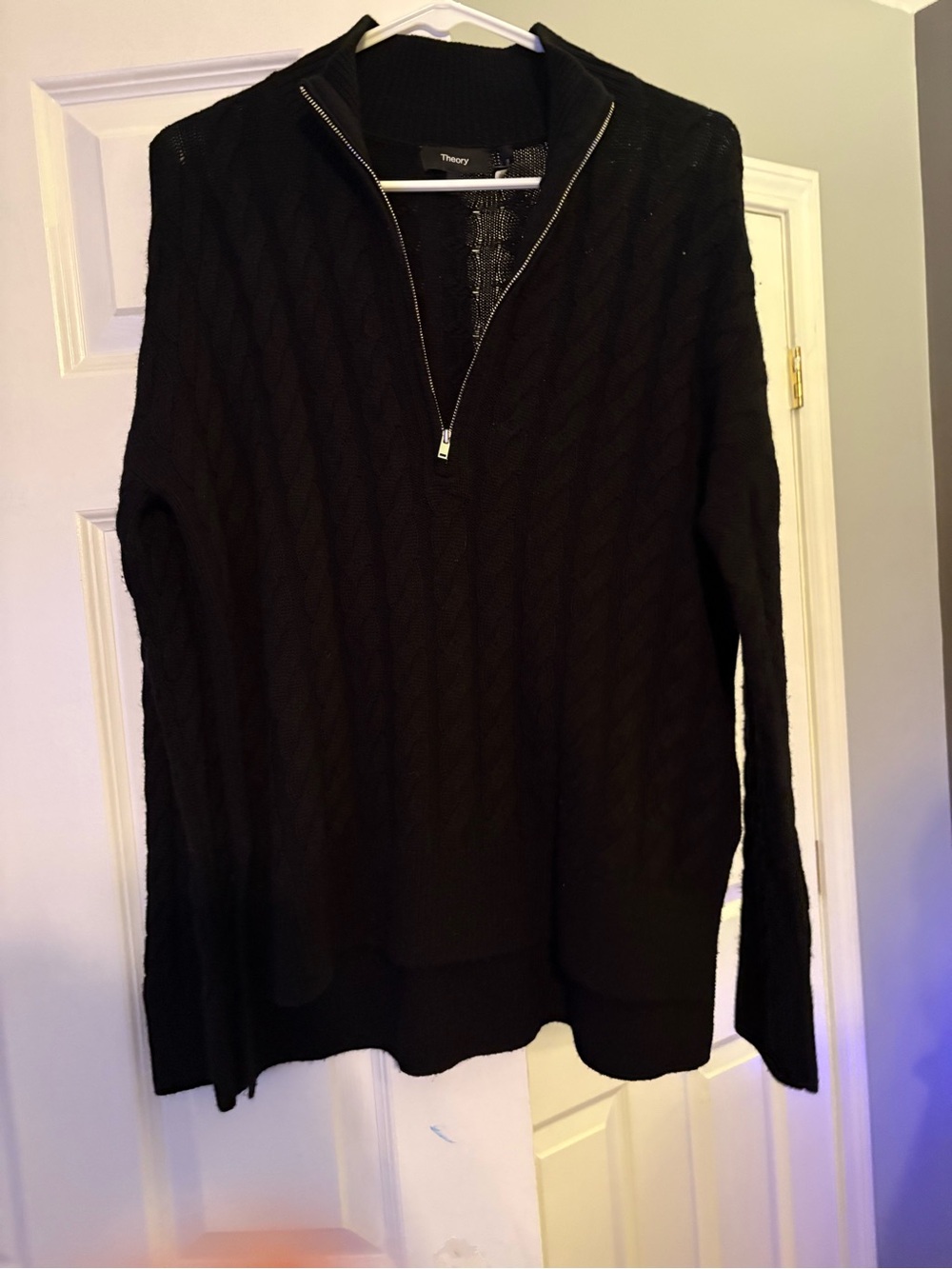 Theory Black Cable-Knit Zip Mock Neck Sweater